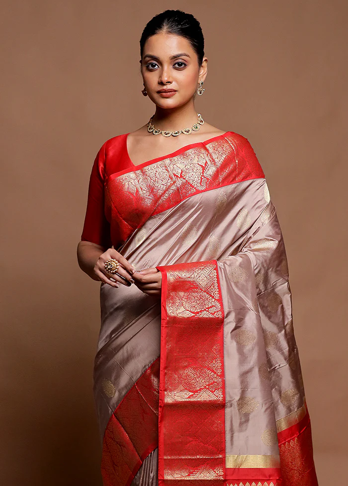 Cream Handloom Kanchipuram Pure Silk Saree With Blouse Piece - Image 2