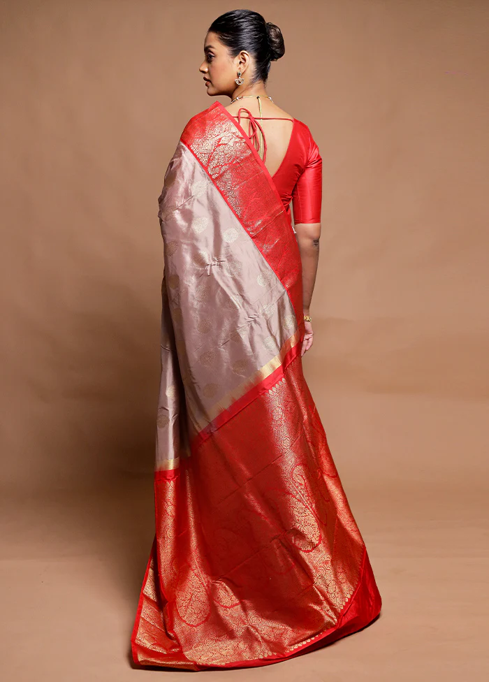 Cream Handloom Kanchipuram Pure Silk Saree With Blouse Piece - Image 3