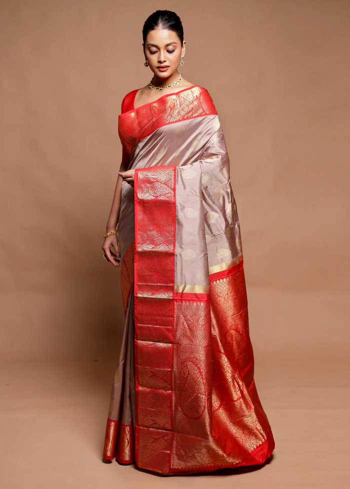 Cream Handloom Kanchipuram Pure Silk Saree With Blouse Piece - Image 4
