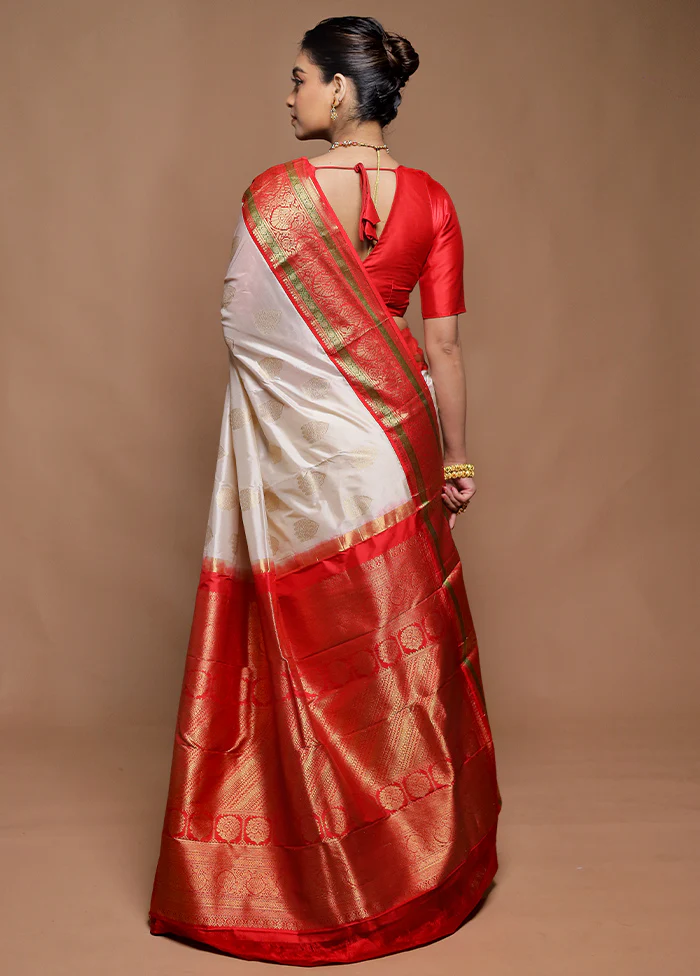 Cream Handloom Kanchipuram Pure Silk Saree With Blouse Piece - Image 3