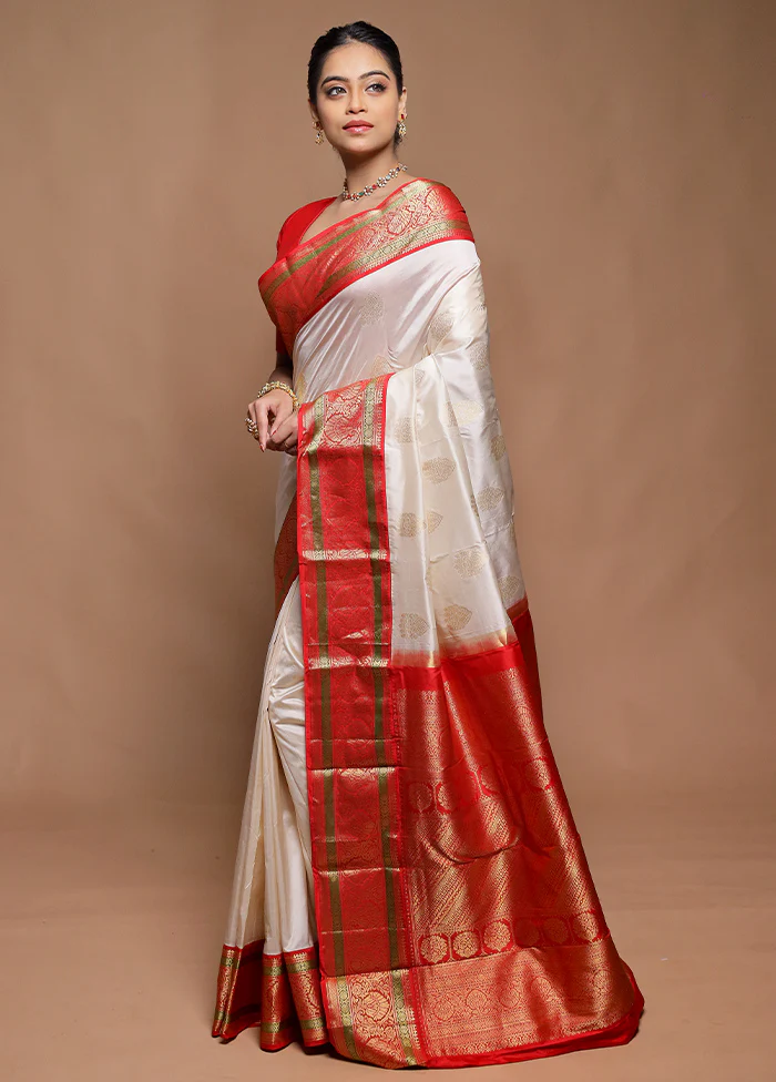 Cream Handloom Kanchipuram Pure Silk Saree With Blouse Piece - Image 4