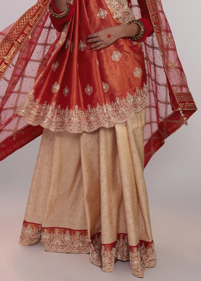 Cream Handloom Kanchipuram Pure Silk Saree With Blouse Piece - Image 4