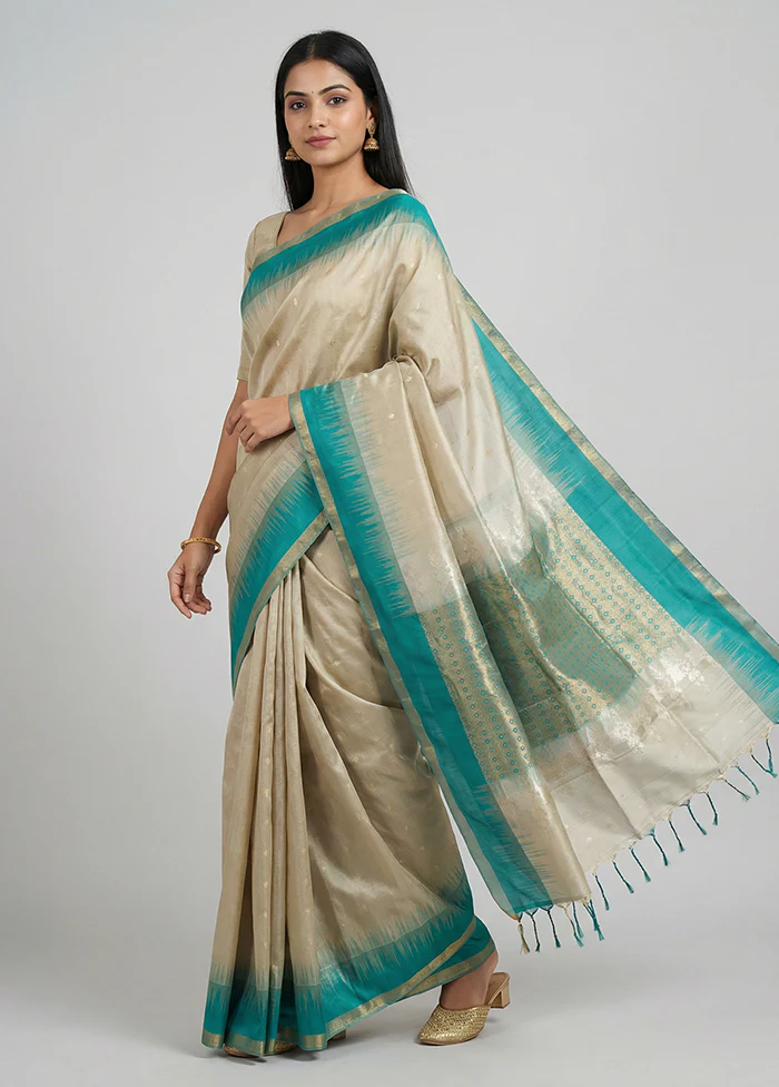 Cream Handloom Kanchipuram Pure Silk Saree With Blouse Piece