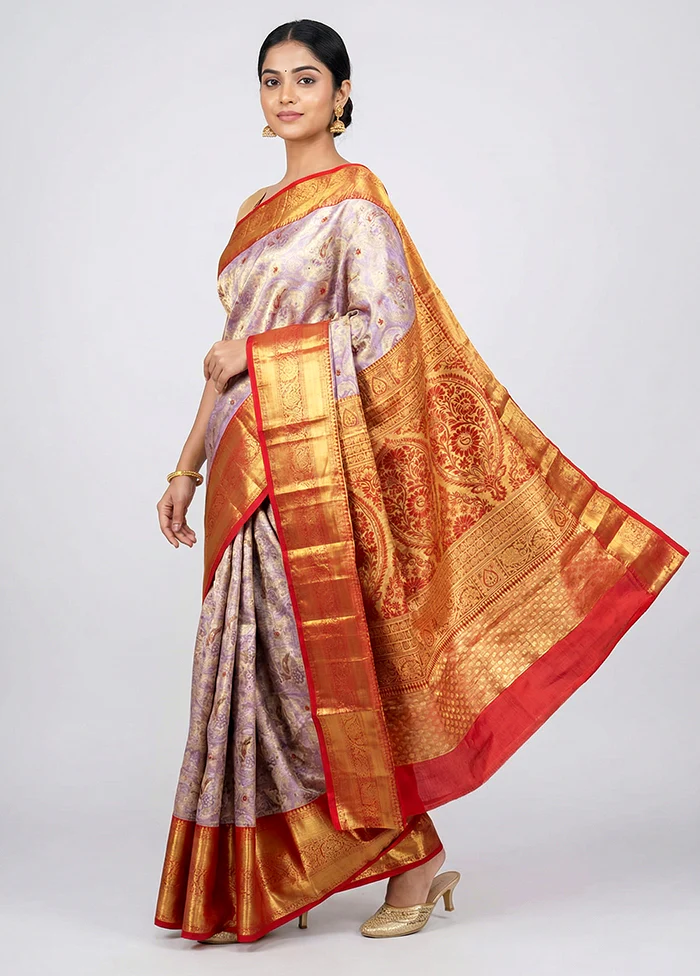 Purple Handloom Kanchipuram Pure Silk Saree With Blouse Piece