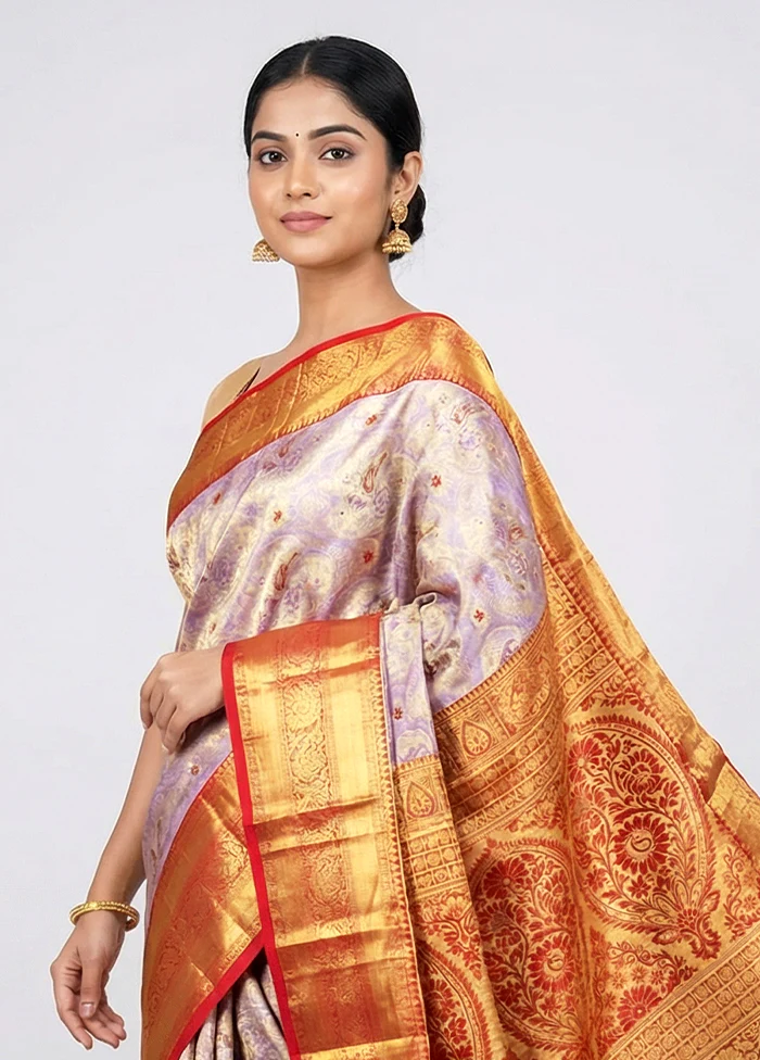 Purple Handloom Kanchipuram Pure Silk Saree With Blouse Piece - Image 2