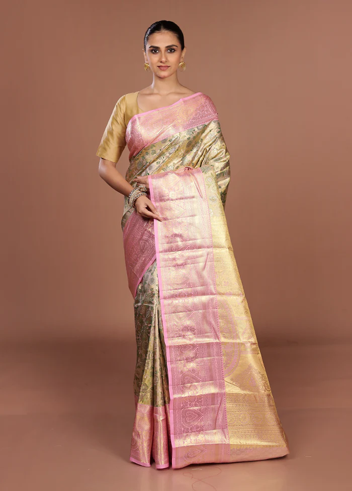 Cream Handloom Kanchipuram Pure Silk Saree With Blouse Piece - Image 2