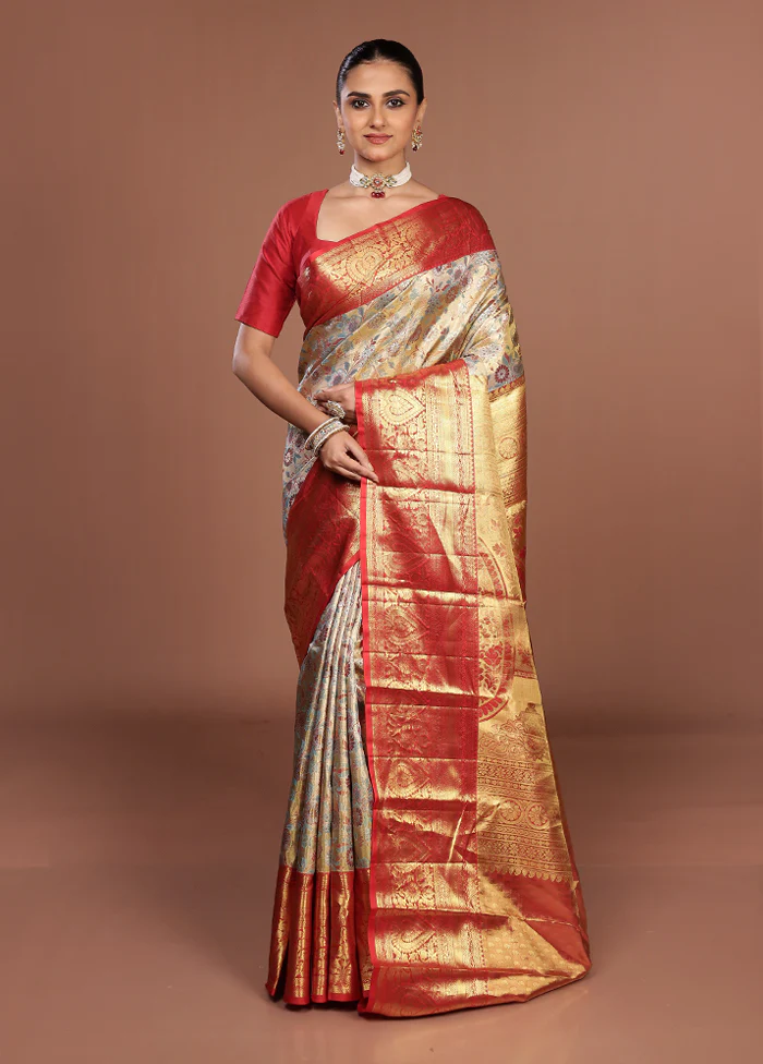 Cream Handloom Kanchipuram Pure Silk Saree With Blouse Piece - Image 2
