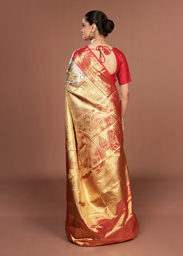 Cream Handloom Kanchipuram Pure Silk Saree With Blouse Piece - Image 3