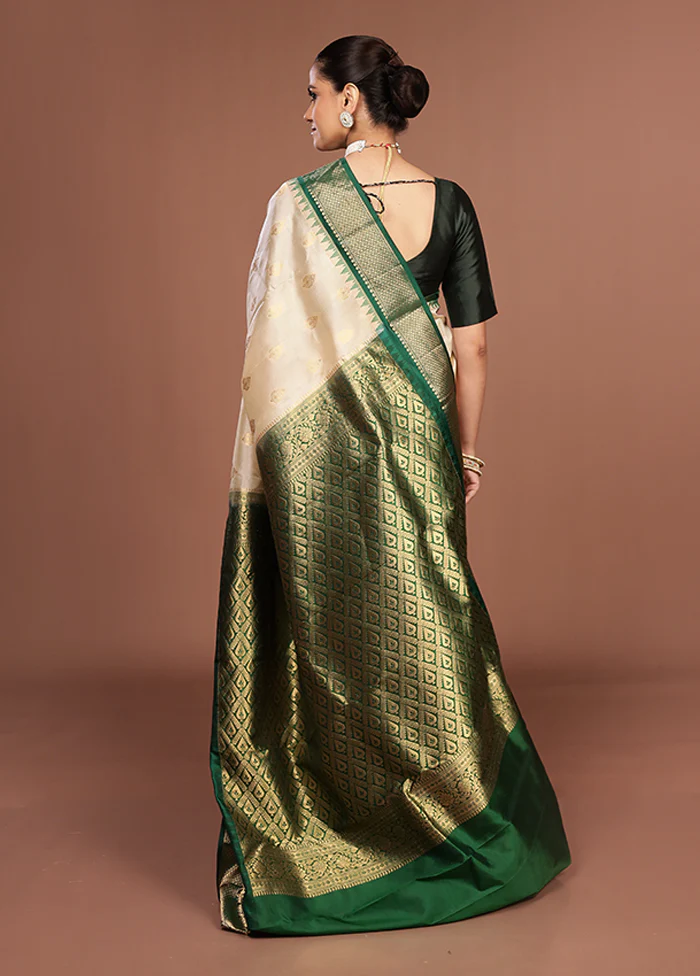 Cream Handloom Kanchipuram Pure Silk Saree With Blouse Piece - Image 3