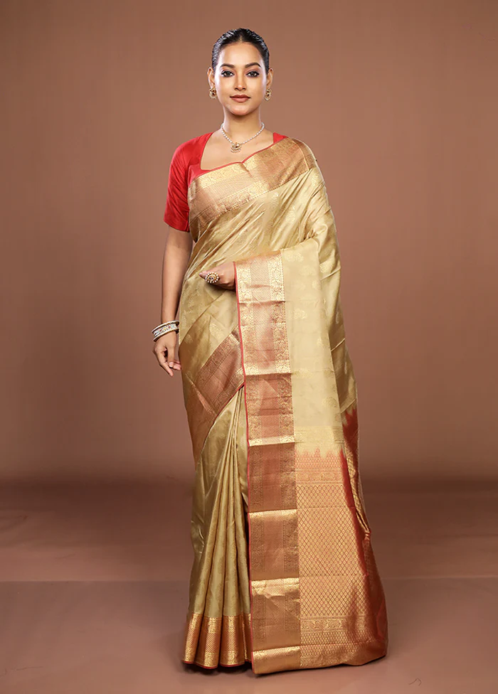 Cream Handloom Kanchipuram Pure Silk Saree With Blouse Piece - Image 2