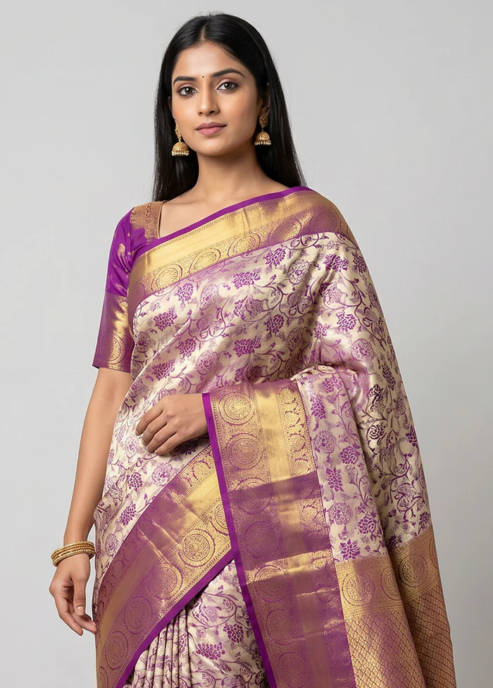 Cream Handloom Kanchipuram Pure Silk Saree With Blouse Piece - Image 2