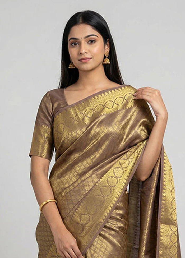 Cream Handloom Kanchipuram Pure Silk Saree With Blouse Piece - Image 2
