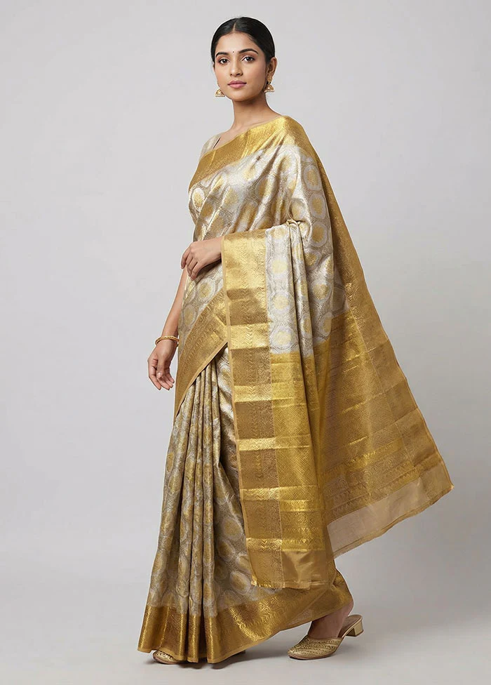 Cream Handloom Kanchipuram Pure Silk Saree With Blouse Piece