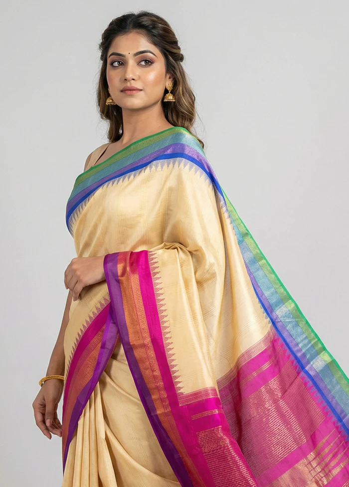 Cream Handloom Kanjivaram Pure Silk Saree With Blouse Piece - Image 2