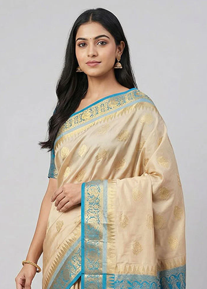 Cream Handloom Kanjivaram Pure Silk Saree With Blouse Piece - Image 2