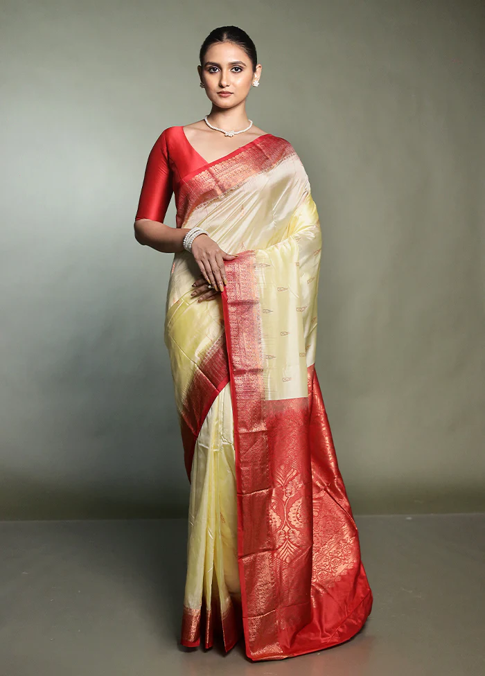 Cream Handloom Kanjivaram Pure Silk Saree With Blouse Piece - Image 2