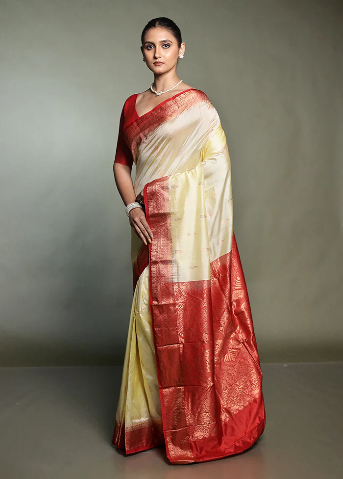 Cream Handloom Kanjivaram Pure Silk Saree With Blouse Piece - Image 4