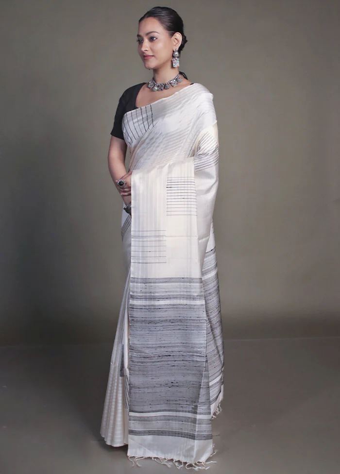 Cream Handloom Kanjivaram Pure Silk Saree With Blouse Piece - Image 4