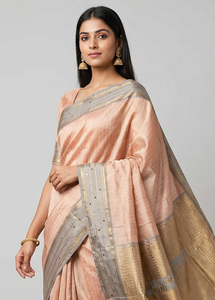 Cream Handloom Kanjivaram Pure Silk Saree With Blouse Piece - Image 2