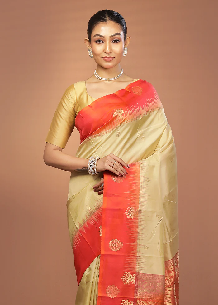 Cream Handloom Kanjivaram Pure Silk Saree With Blouse Piece