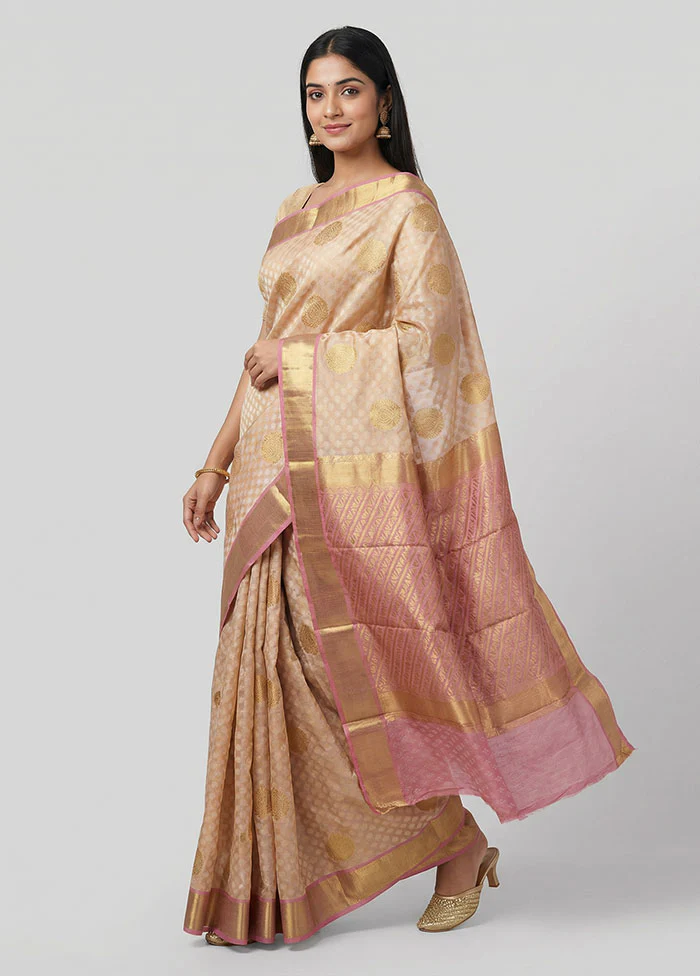 Cream Handloom Kanjivaram Pure Silk Saree With Blouse Piece