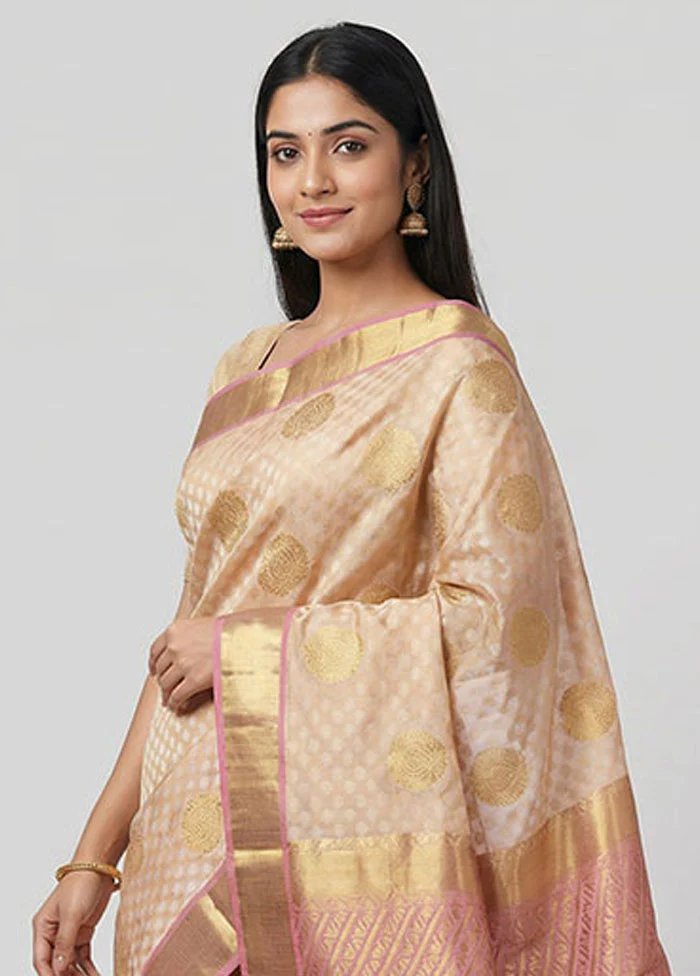 Cream Handloom Kanjivaram Pure Silk Saree With Blouse Piece - Image 2