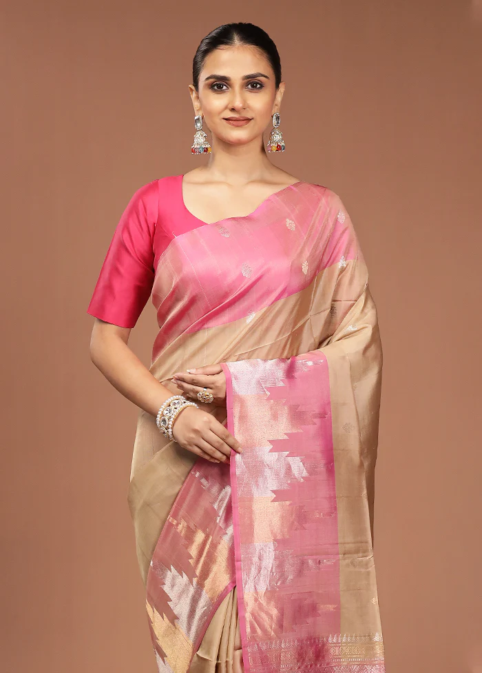 Cream Handloom Kanjivaram Pure Silk Saree With Blouse Piece