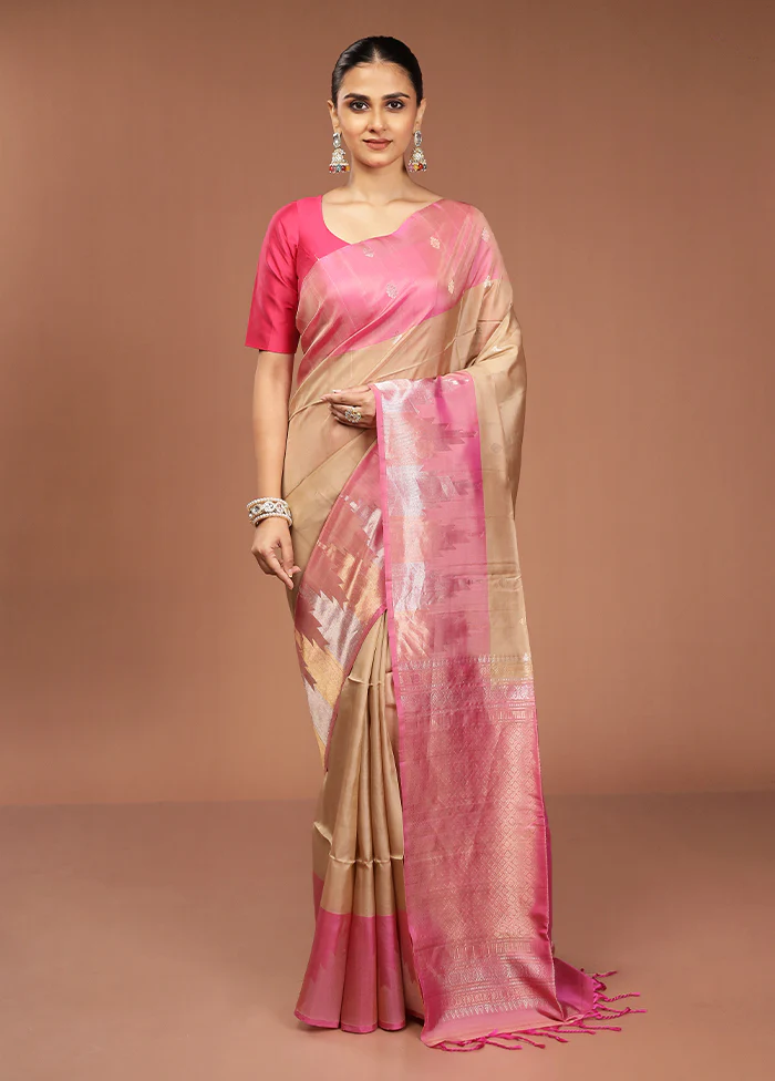 Cream Handloom Kanjivaram Pure Silk Saree With Blouse Piece - Image 2
