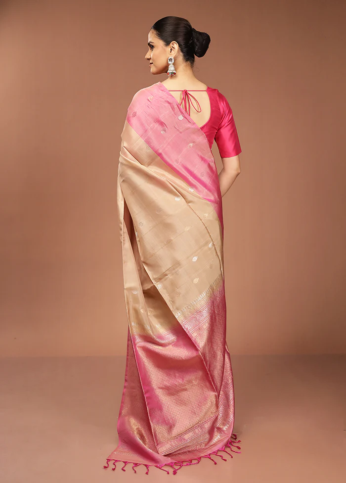 Cream Handloom Kanjivaram Pure Silk Saree With Blouse Piece - Image 3