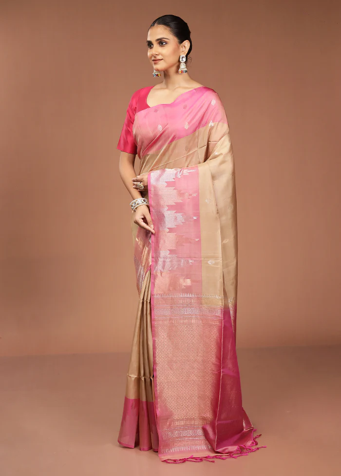 Cream Handloom Kanjivaram Pure Silk Saree With Blouse Piece - Image 4