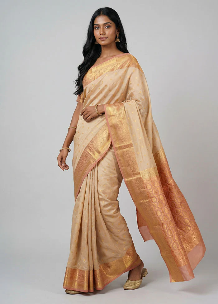 Cream Handloom Kanjivaram Pure Silk Saree With Blouse Piece