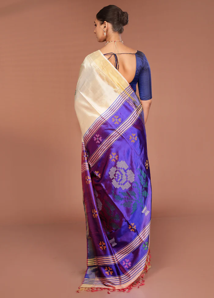 Cream Handloom Kalakshetra Pure Silk Saree With Blouse Piece - Image 3