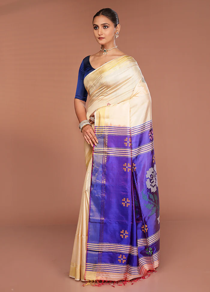 Cream Handloom Kalakshetra Pure Silk Saree With Blouse Piece - Image 4