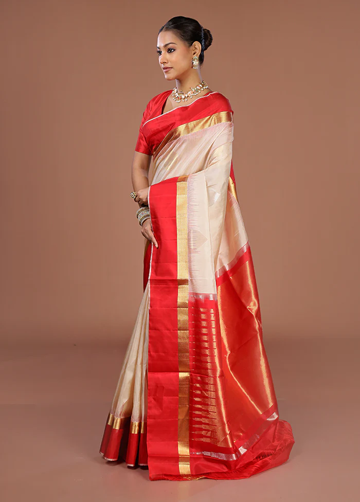 Cream Handloom Kanjivaram Pure Silk Saree With Blouse Piece - Image 4