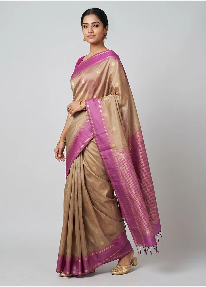 Cream Handloom Kanjivaram Pure Silk Saree With Blouse Piece