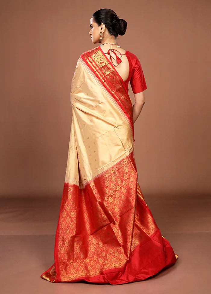 Cream Handloom Kanjivaram Pure Silk Saree With Blouse Piece - Image 3