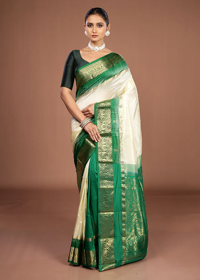 Cream Handloom Kanjivaram Pure Silk Saree With Blouse Piece - Image 2