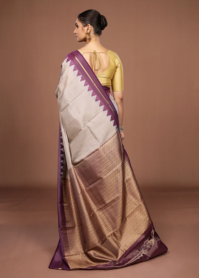 Cream Handloom Kanjivaram Pure Silk Saree With Blouse Piece - Image 3