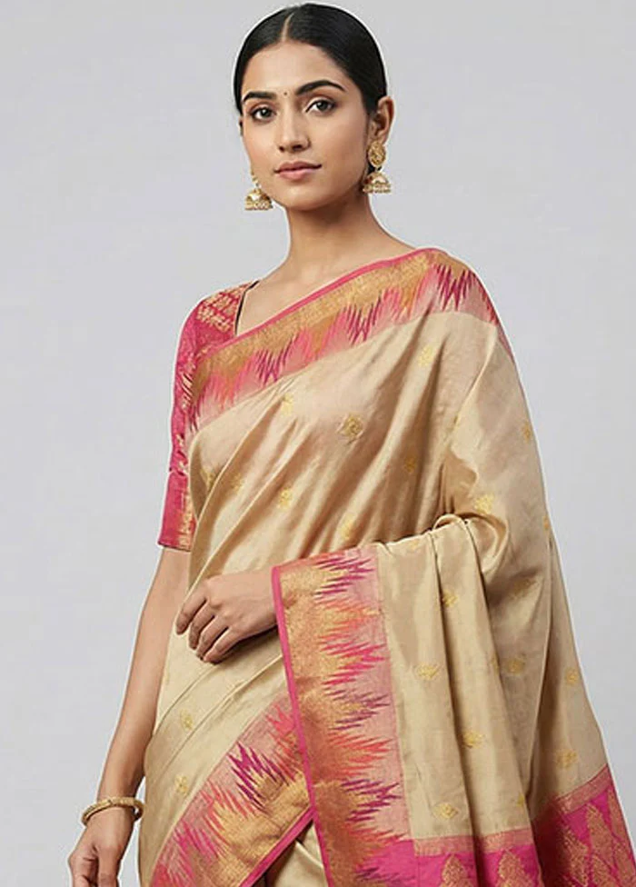 Cream Handloom Kanjivaram Pure Silk Saree With Blouse Piece - Image 2