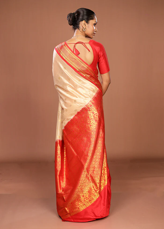 Cream Handloom Kanjivaram Pure Silk Saree With Blouse Piece - Image 3