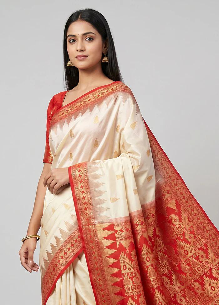 Cream Handloom Kanjivaram Pure Silk Saree With Blouse Piece - Image 2