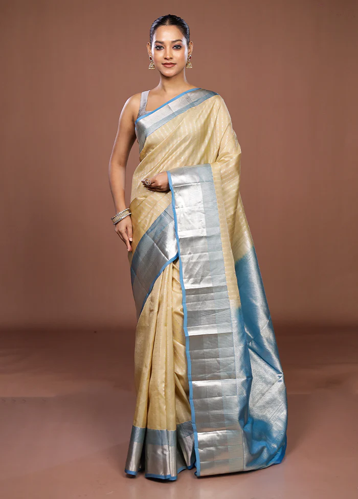 Cream Handloom Kanjivaram Pure Silk Saree With Blouse Piece - Image 2