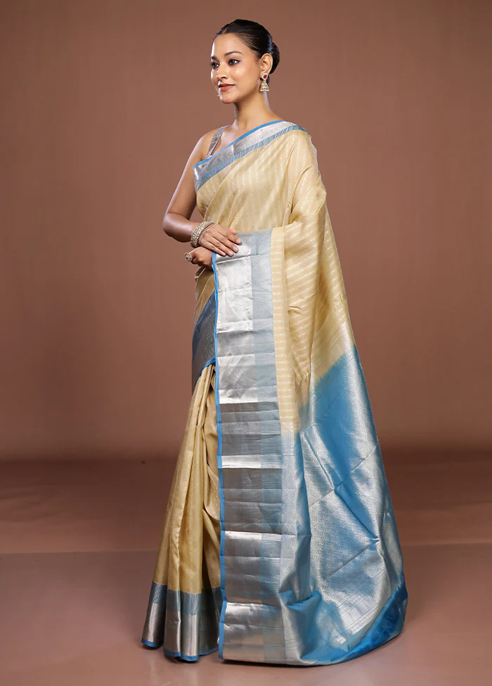 Cream Handloom Kanjivaram Pure Silk Saree With Blouse Piece - Image 4