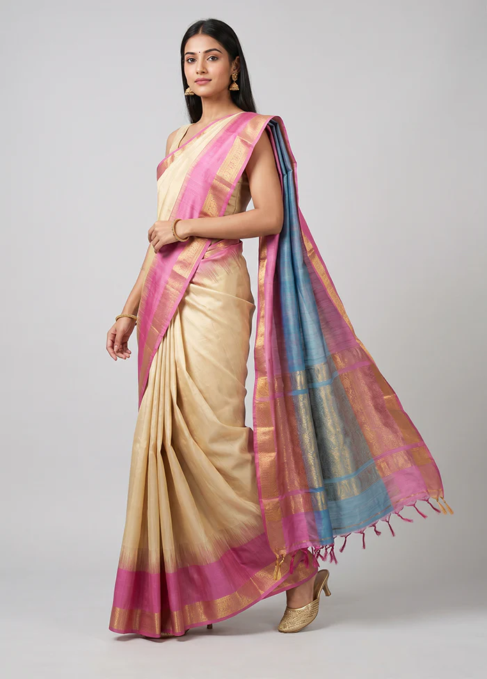 Cream Handloom Kanjivaram Pure Silk Saree With Blouse Piece