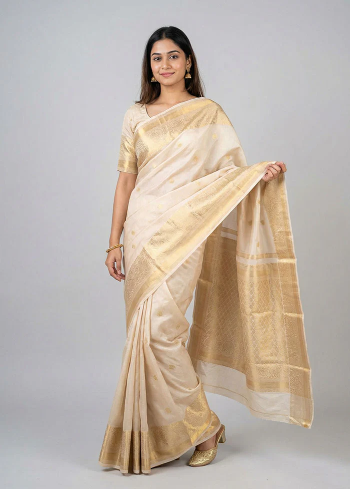 Cream Handloom Kanjivaram Pure Silk Saree With Blouse Piece