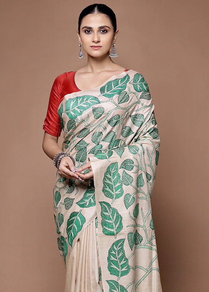 Cream Handloom Kantha Stitch Pure Silk Saree With Blouse Piece - Image 2