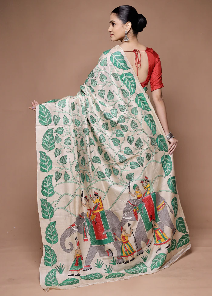 Cream Handloom Kantha Stitch Pure Silk Saree With Blouse Piece - Image 3