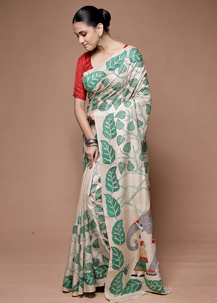 Cream Handloom Kantha Stitch Pure Silk Saree With Blouse Piece - Image 4