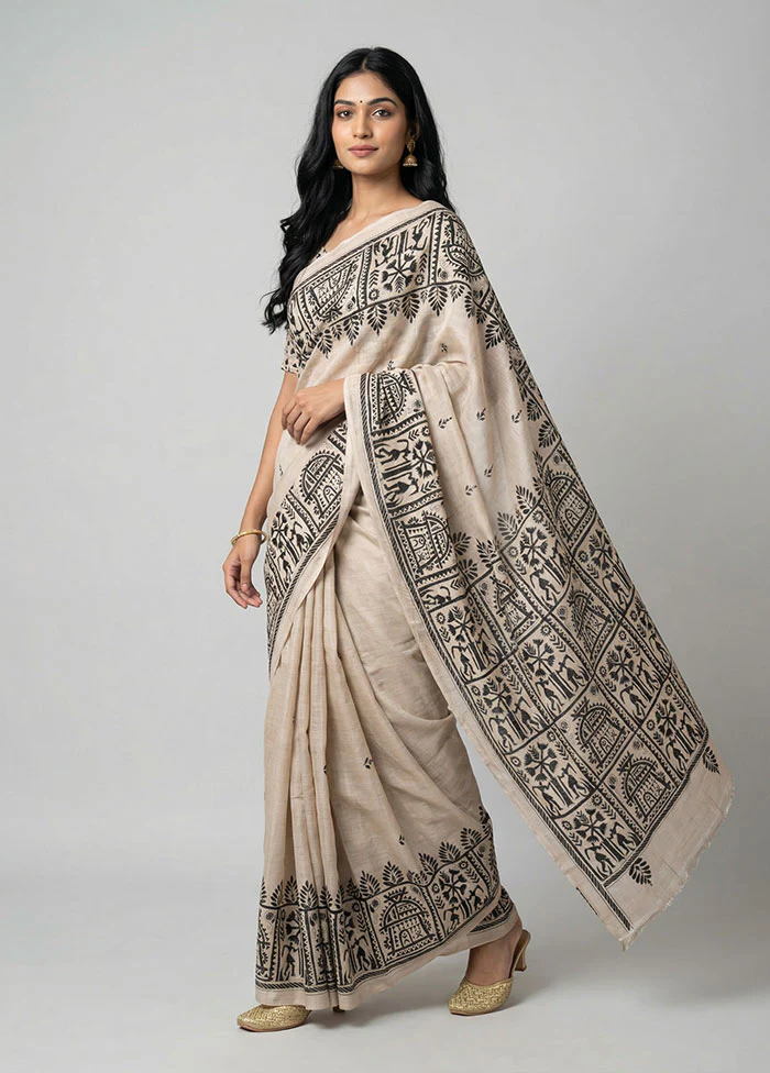 Cream Handloom Kantha Stitch Pure Silk Saree With Blouse Piece