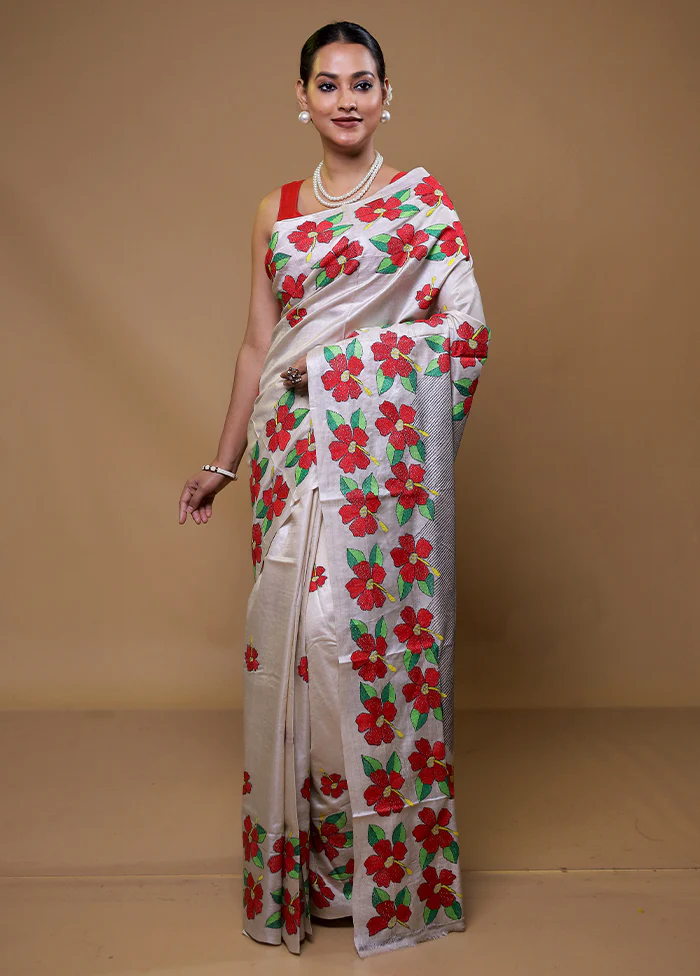 Cream Handloom Kantha Stitch Pure Silk Saree With Blouse Piece - Image 2